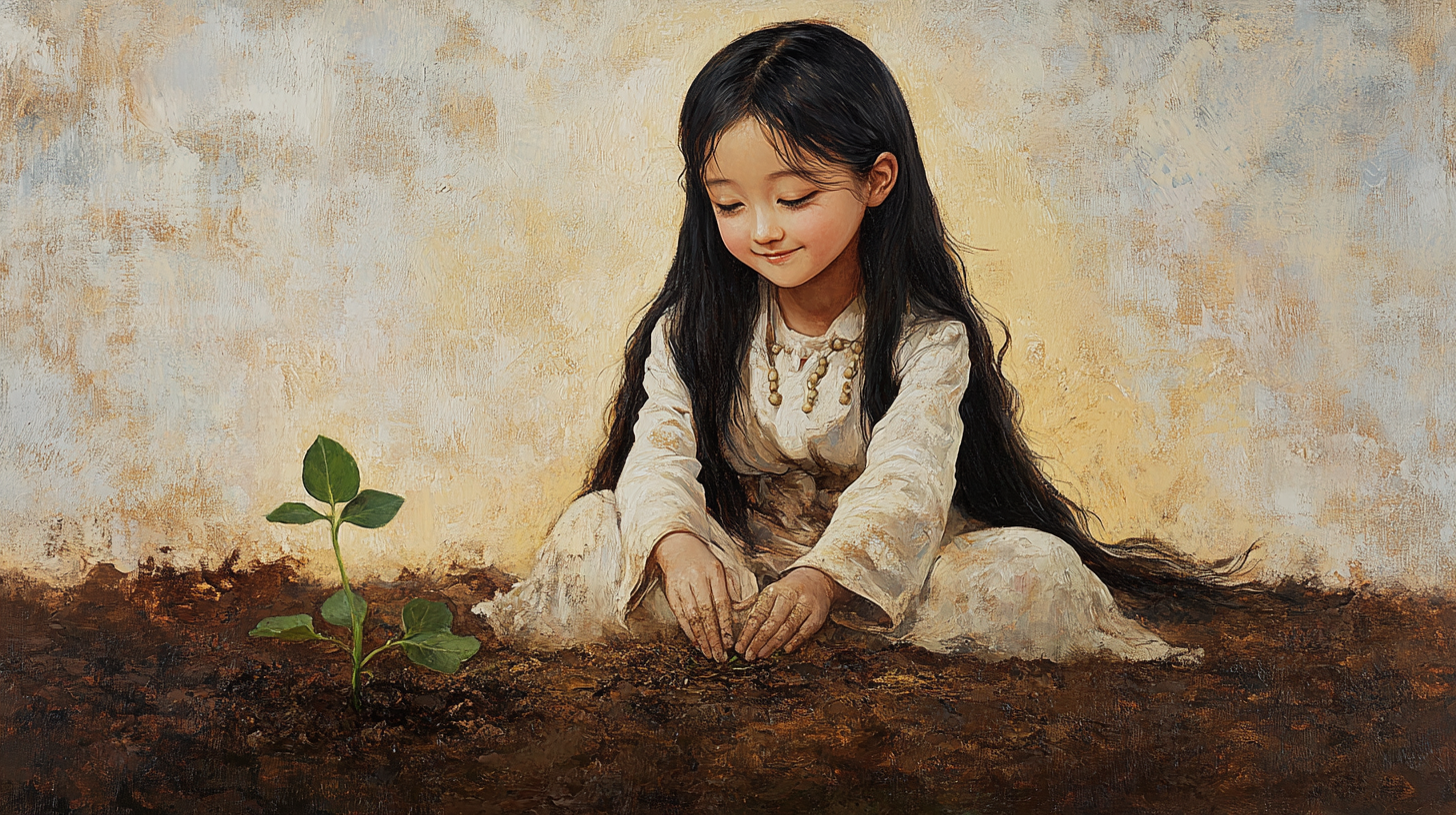 A Korean girl as a bodhisattva, peaceful scene.