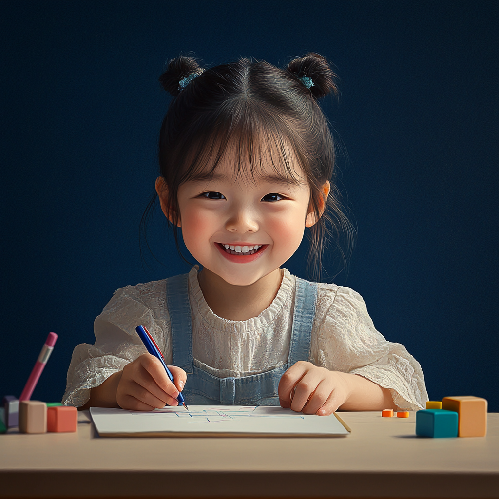 A Korean girl doing homework with school supplies