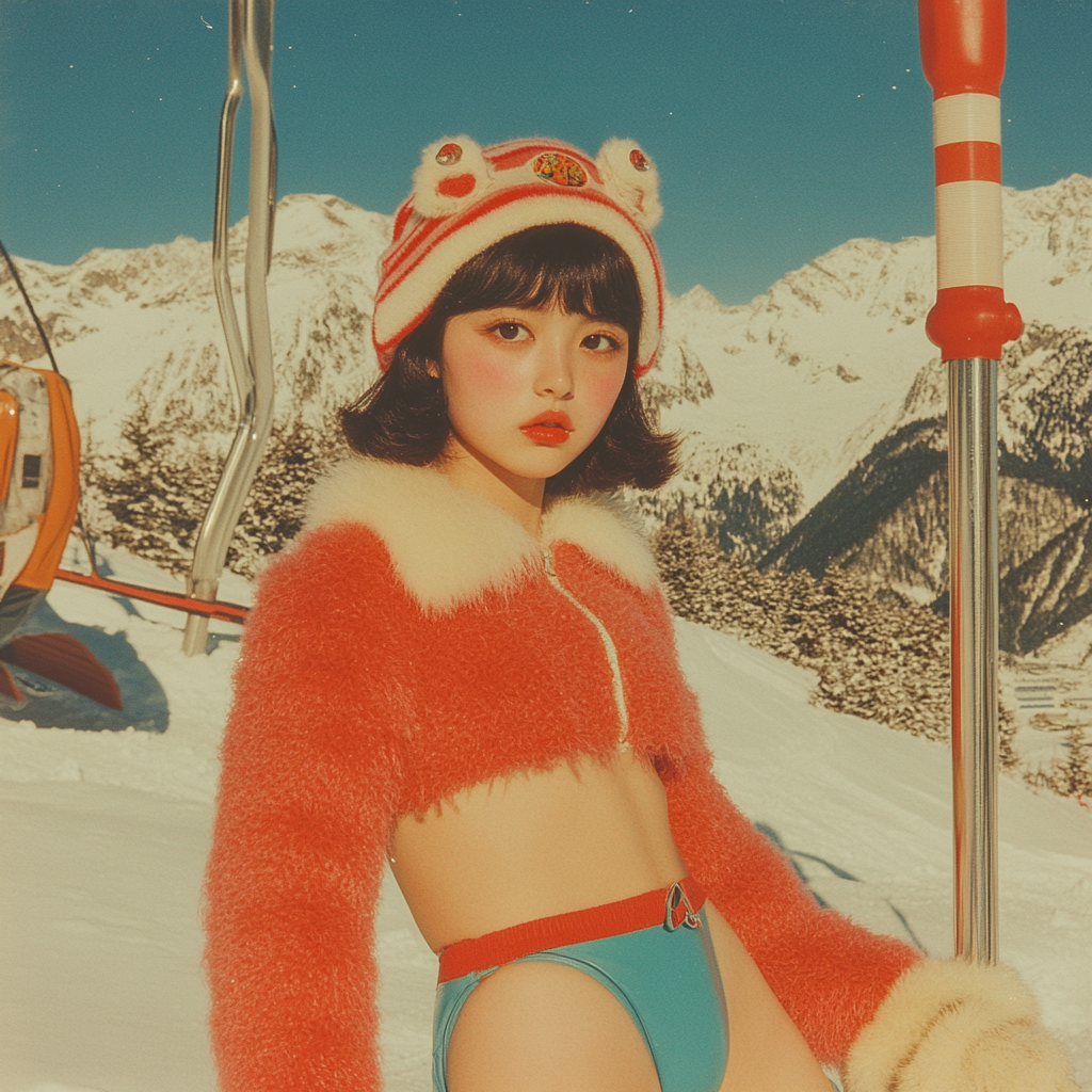 A Korean girl in swimwear standing on snowy mountain