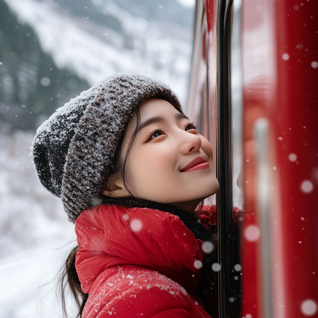 A Korean girl on a red train