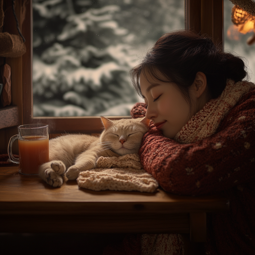 A Korean woman's cozy winter cabin scene