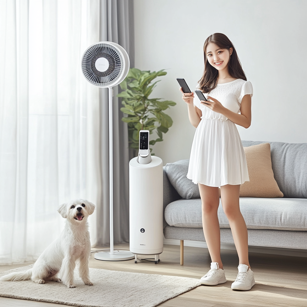 A Korean woman in living room with appliances.