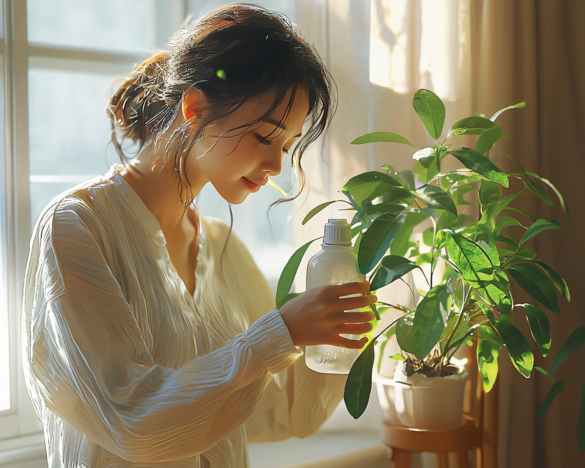 A Korean woman spraying plant in cozy home