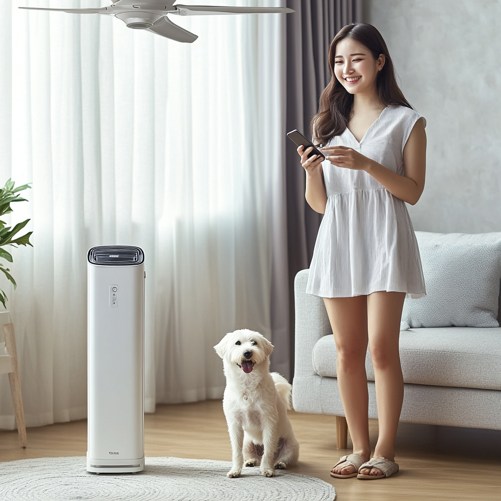 A Korean woman with a Maltese in living room.