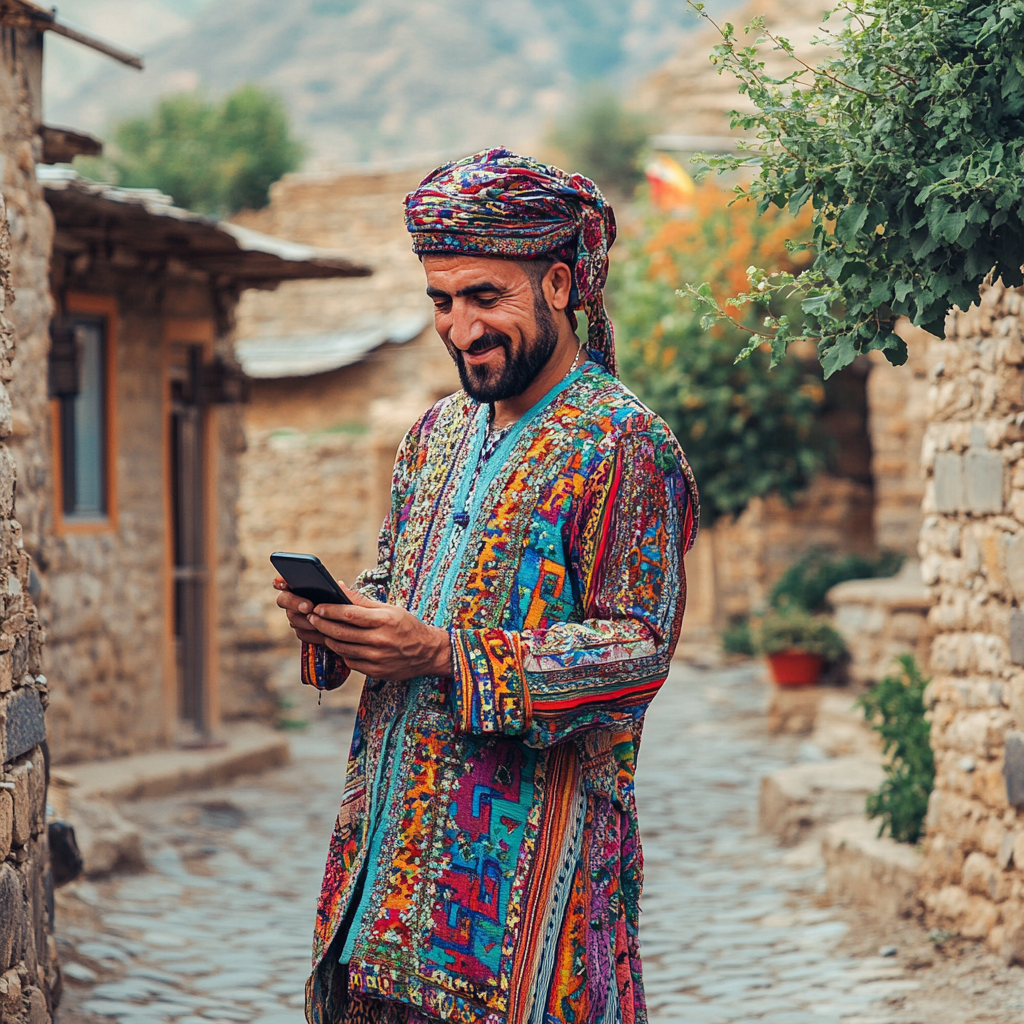 A Kurdish Man in Traditional Village with Phone