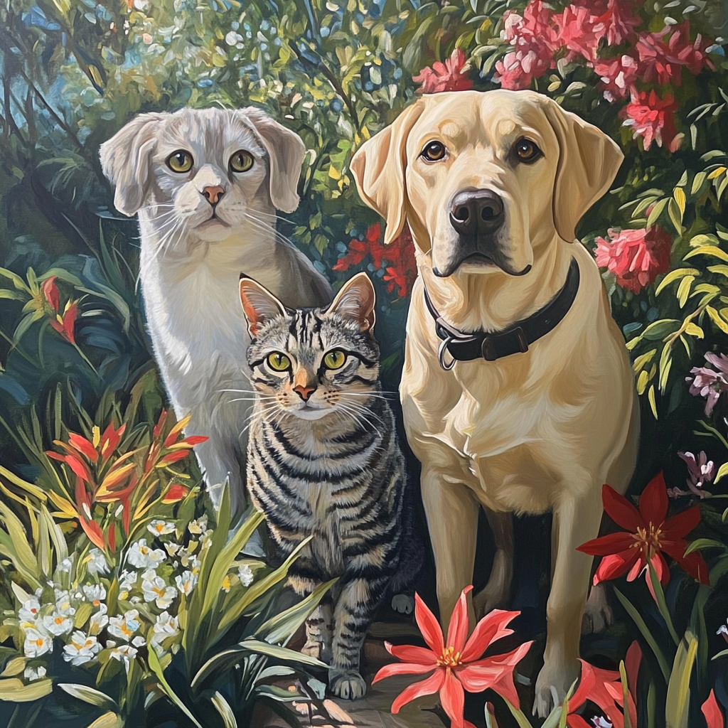 A Labrador and Cat in Flowery Garden Painting