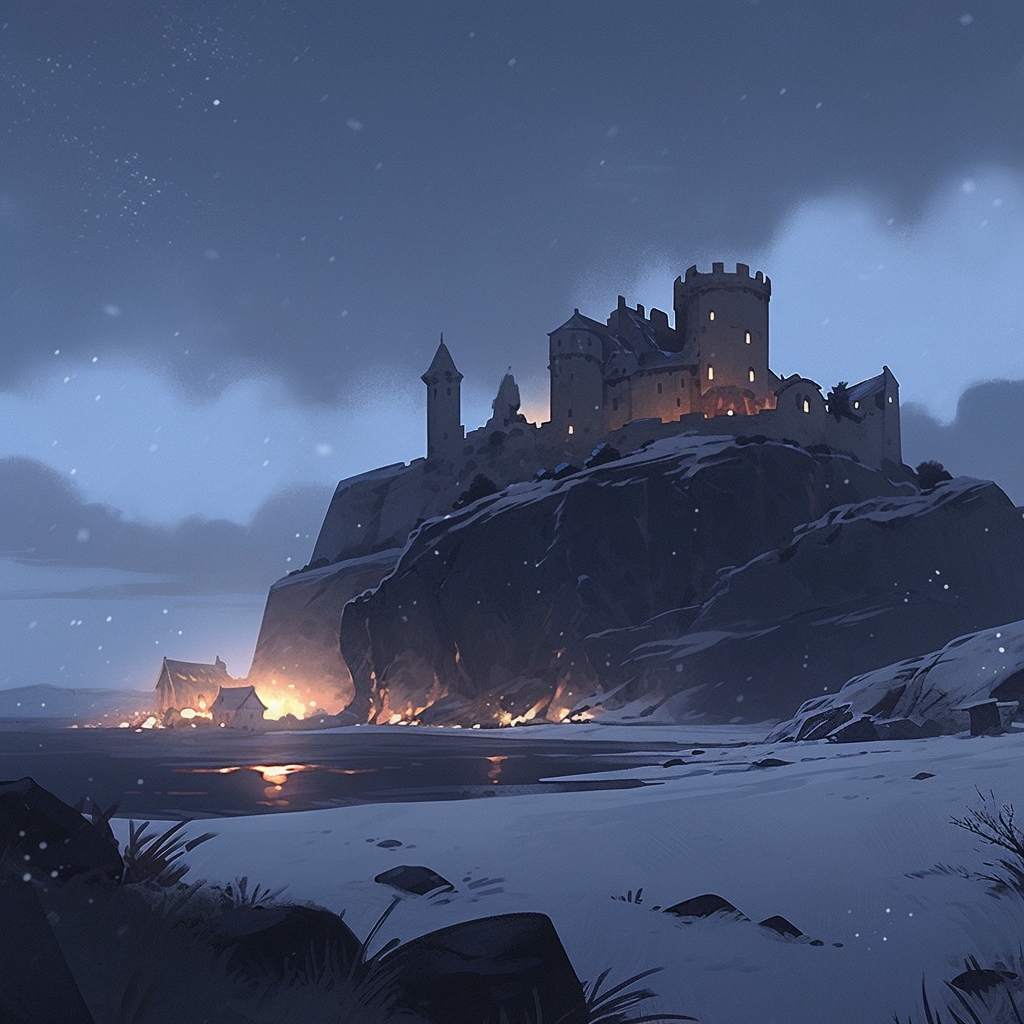 A Large Castle on Scottish Isles at Night