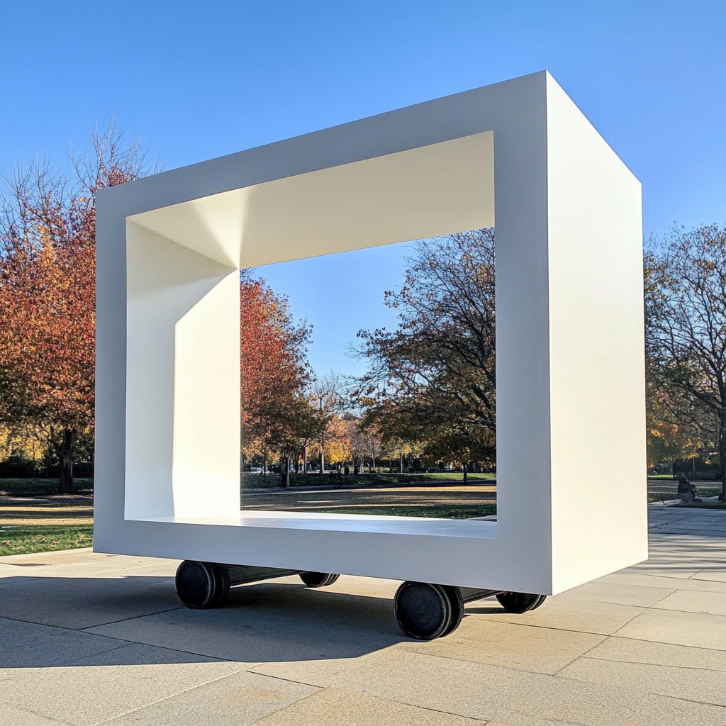 A Large White Frame on Wheels in Park.