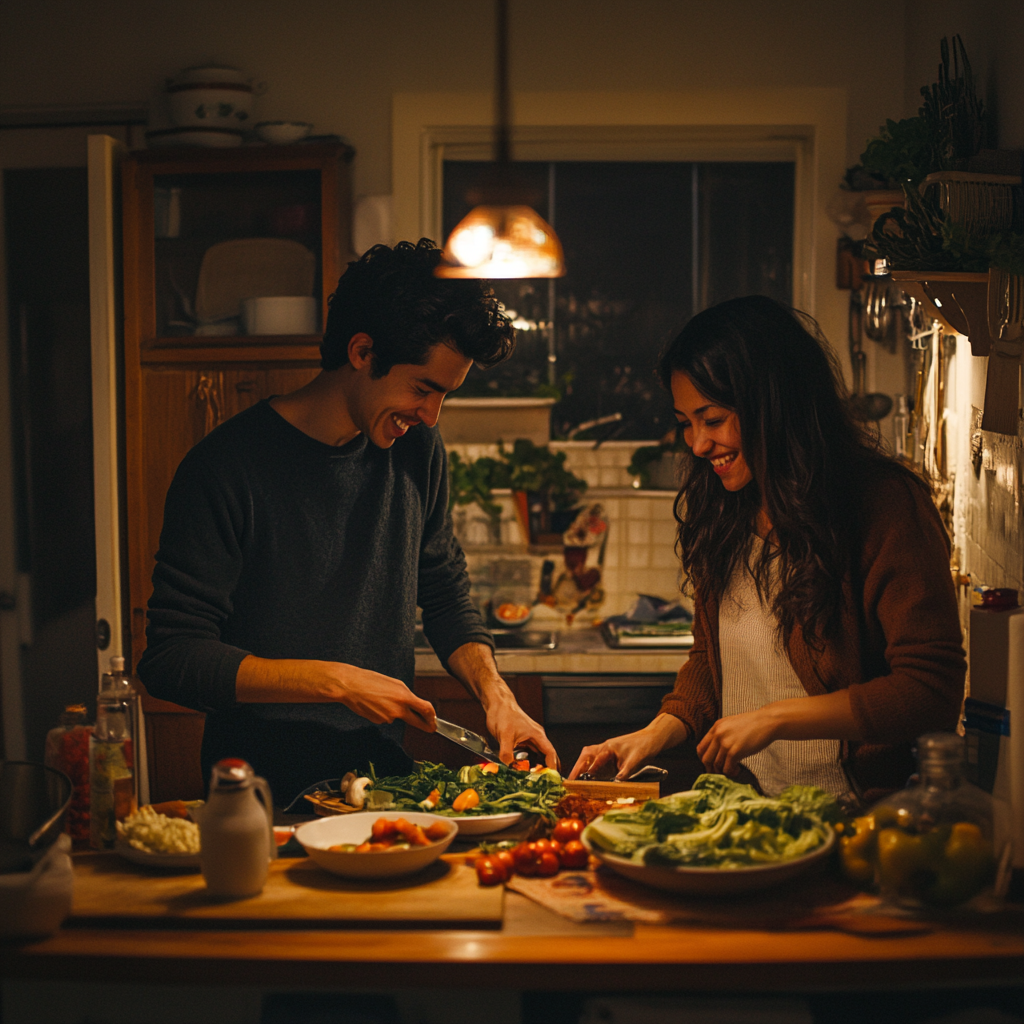 A Latin American couple in kitchen share emotions