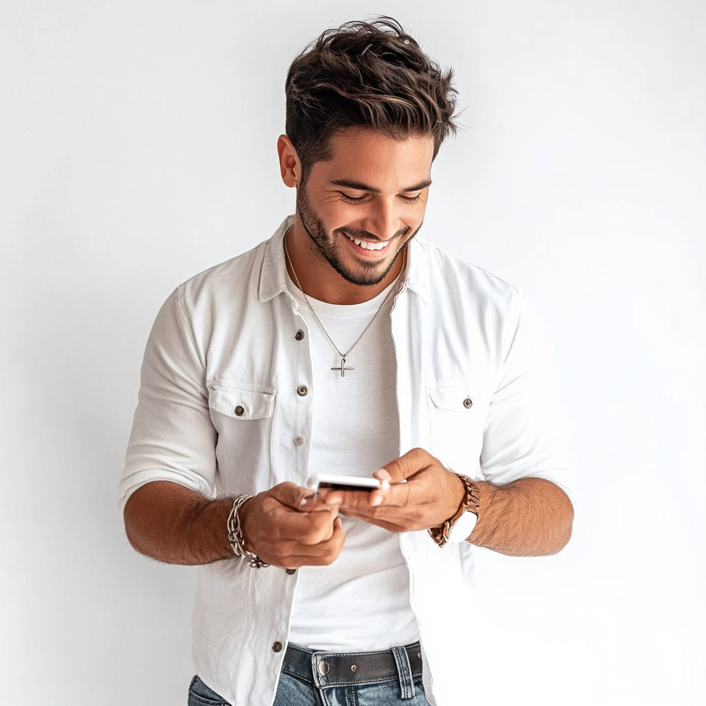 A Latin American man sitting, playing on phone.