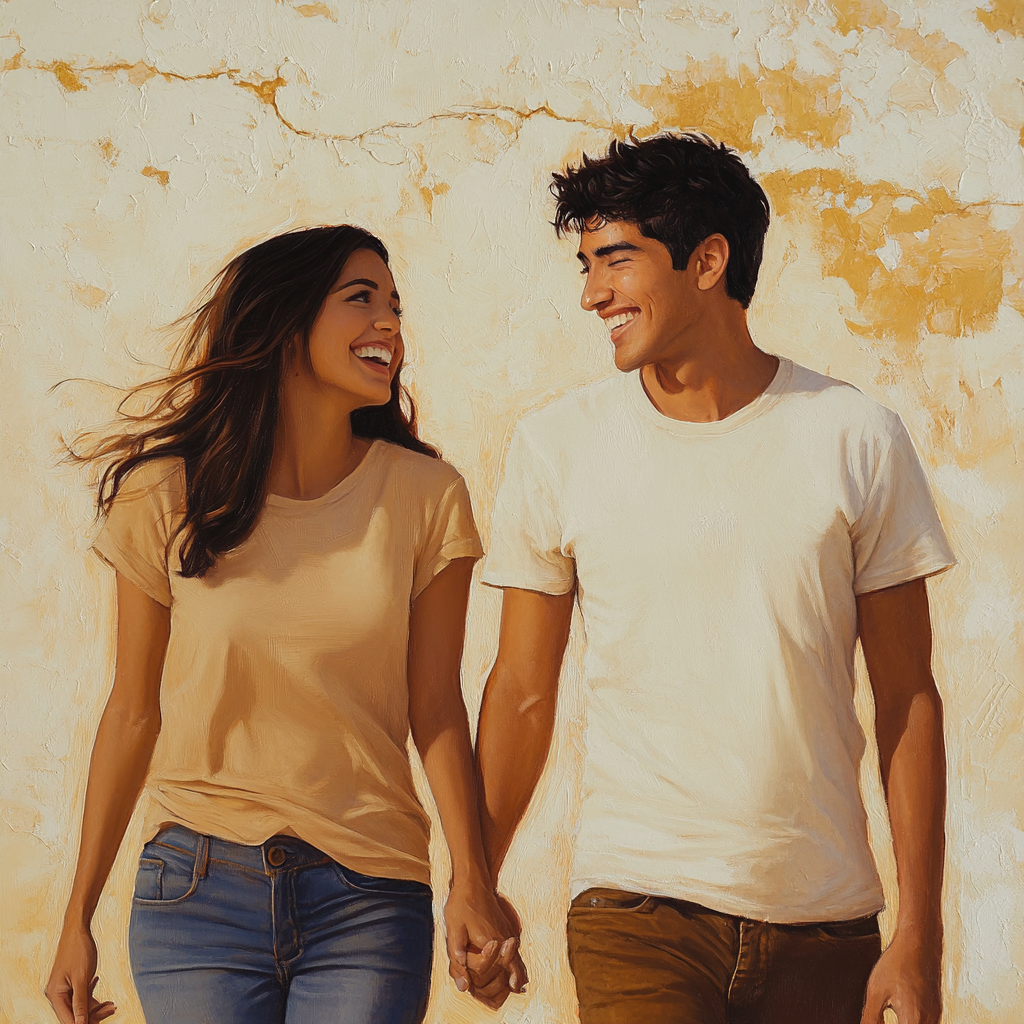 A Latina woman walking happily with partner