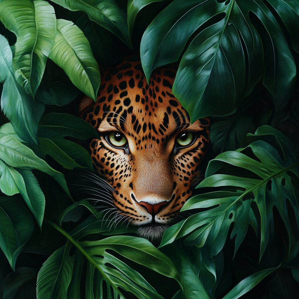 A Leopard Peeking Through Green Tropical Leaves