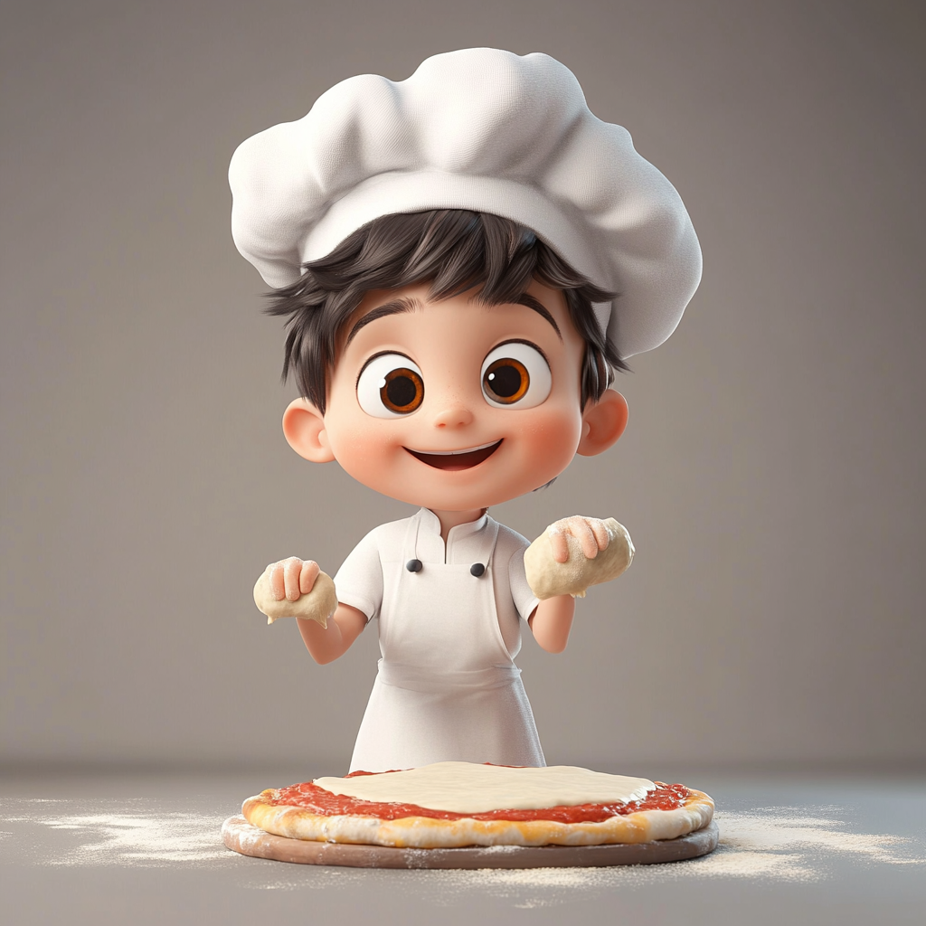 A Little Boy Making Pizza in Pixar Style