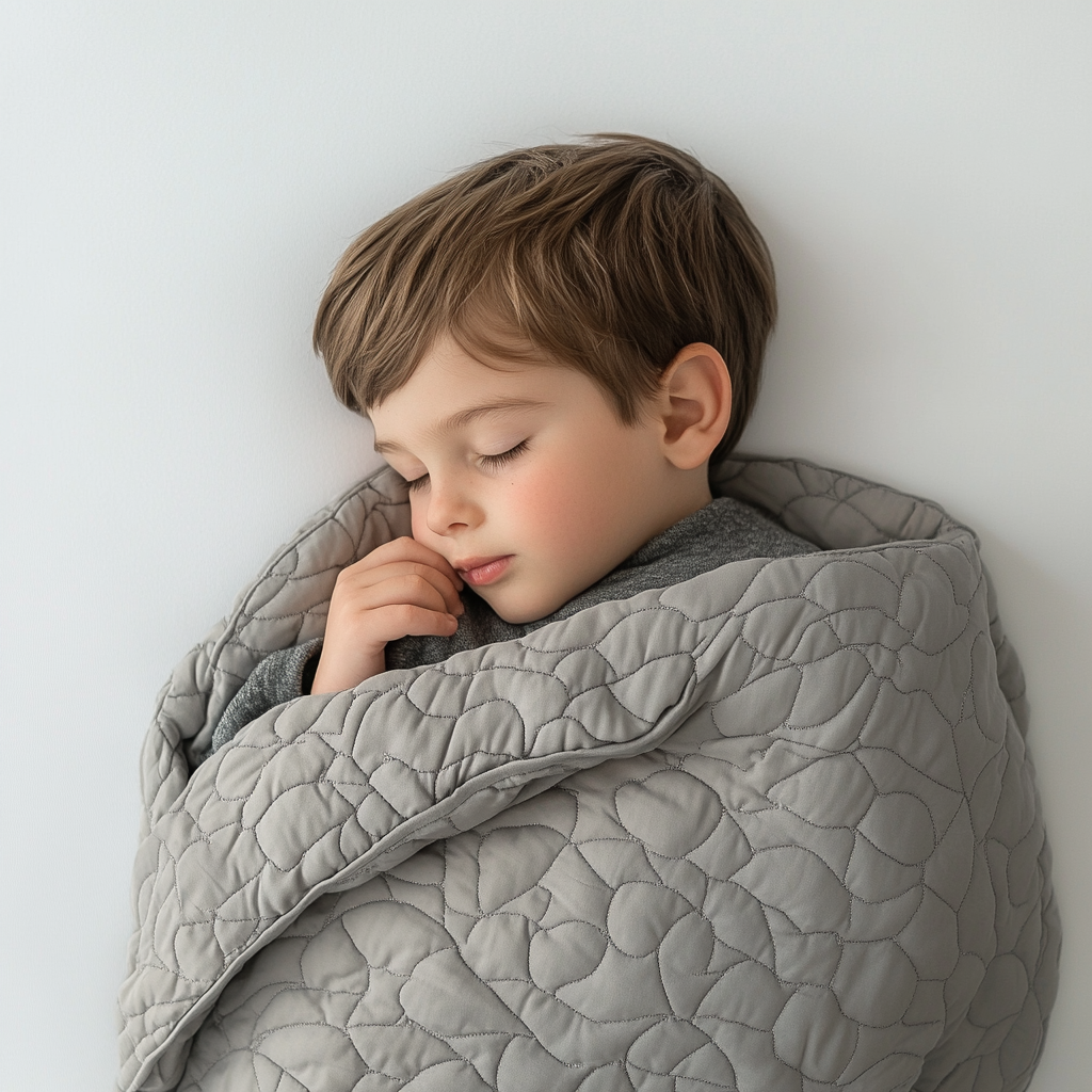 A Little Boy Sleeping Under Grey Blanket