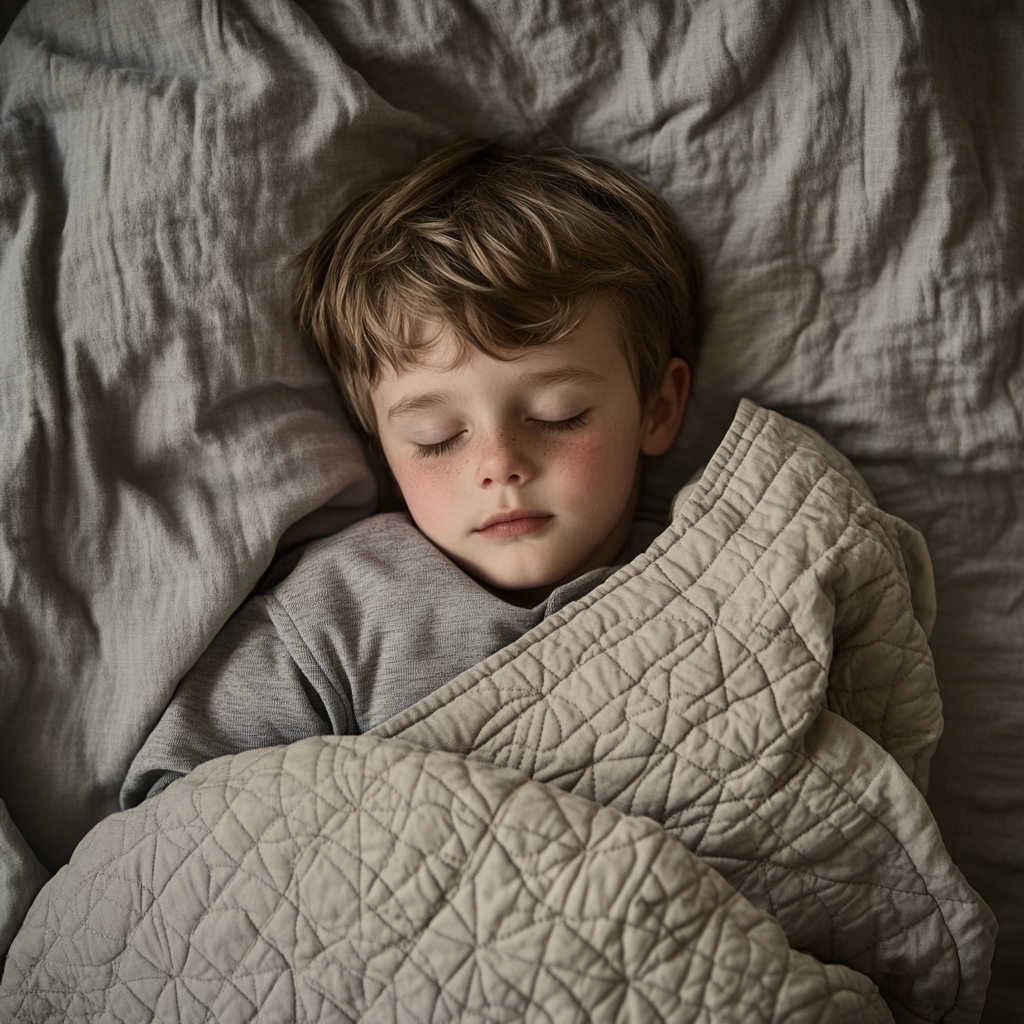 A Little Boy Sleeping in Bed Under Grey Blanket