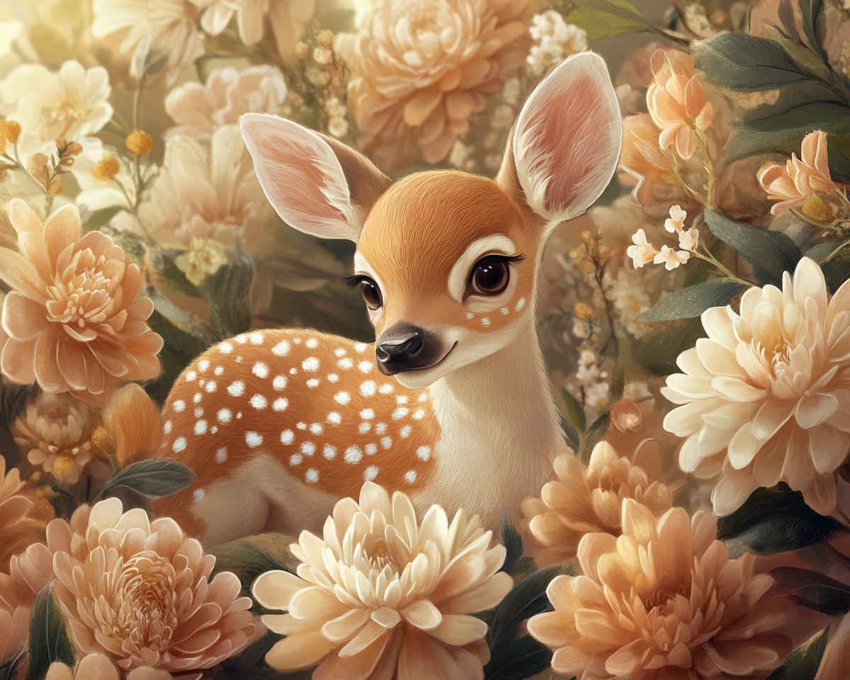 A Little Deer Among Beautiful Blooming Flowers