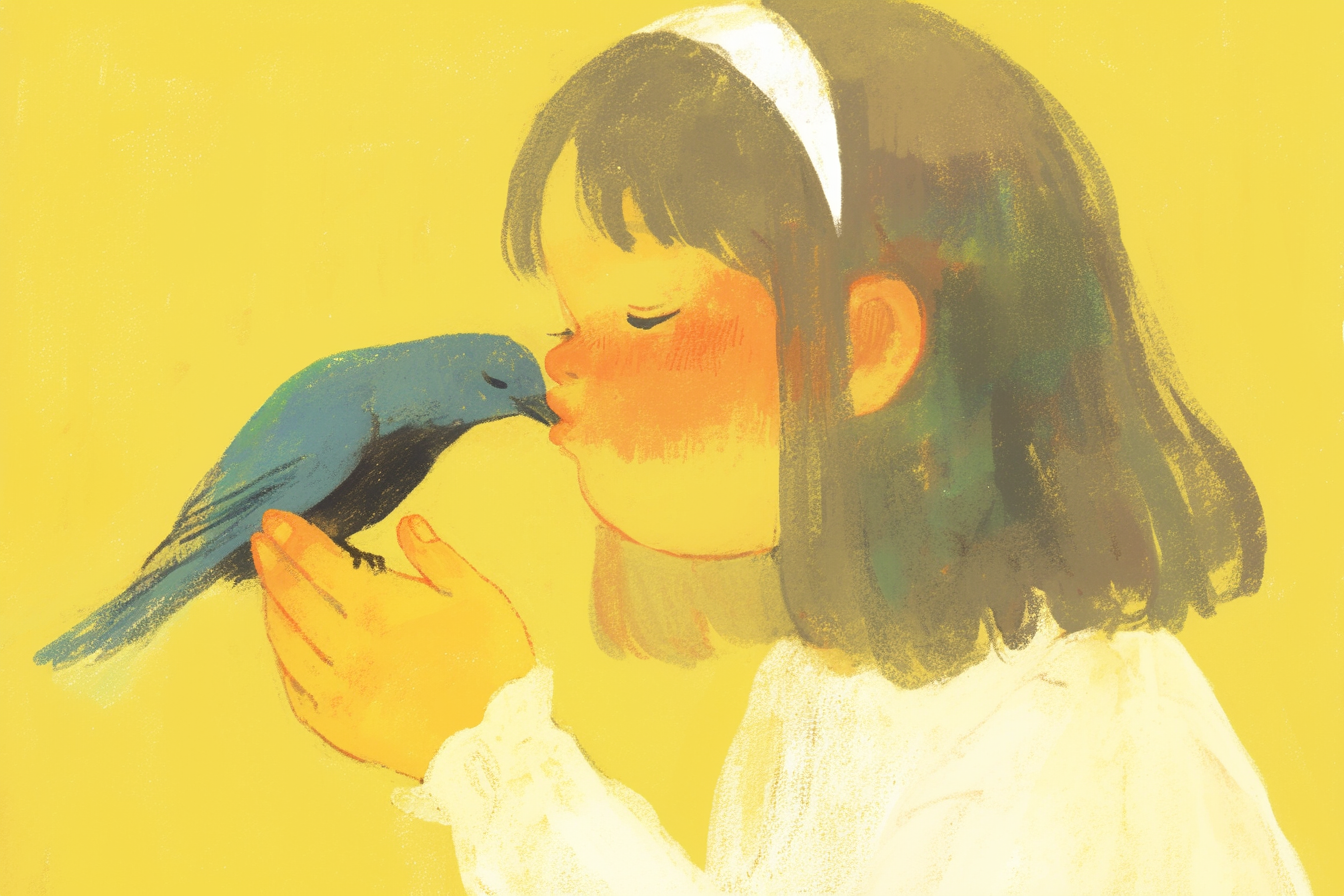 A Little Girl Kisses Blue Bird Painting