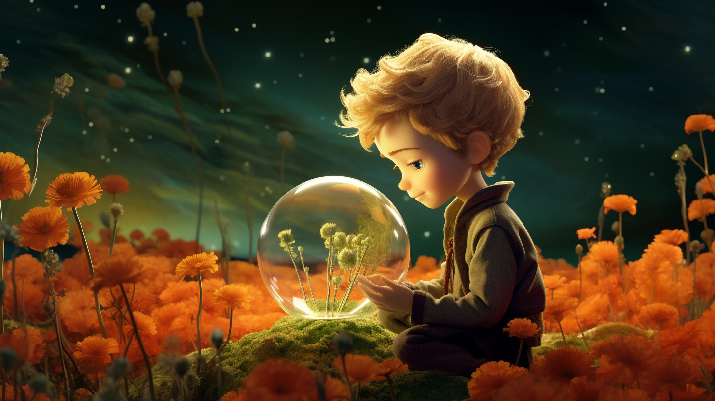 A Little Prince Protects Flower with Glass Dome