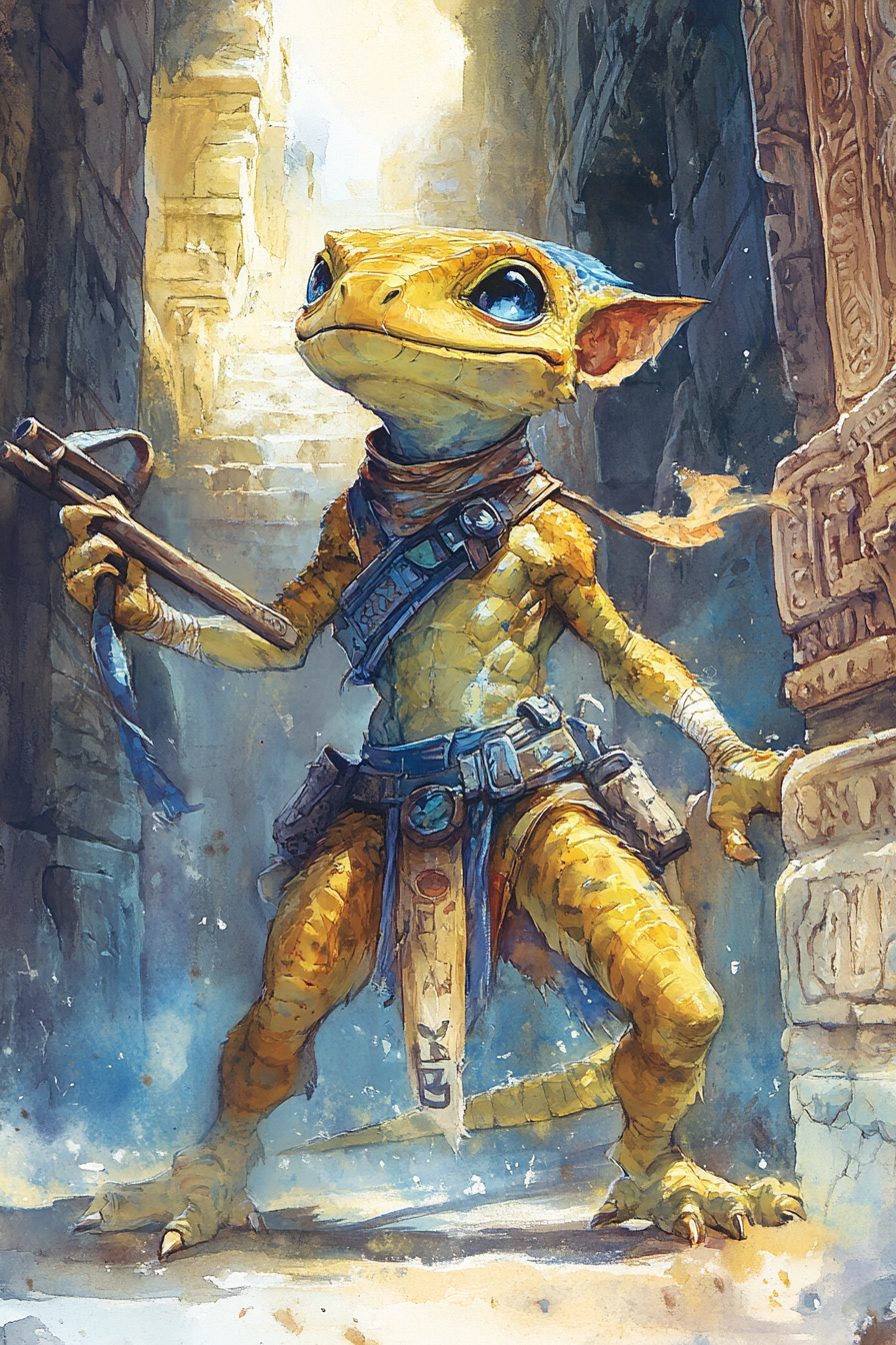 A Lizard Rogue in Aztec Ruins with Slingshot