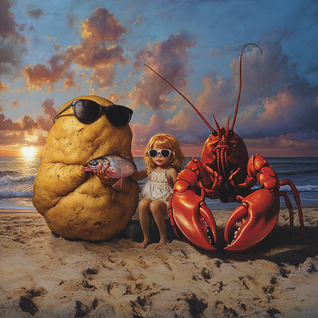 A Lobster, Dough, and Girl on Beach Sunset