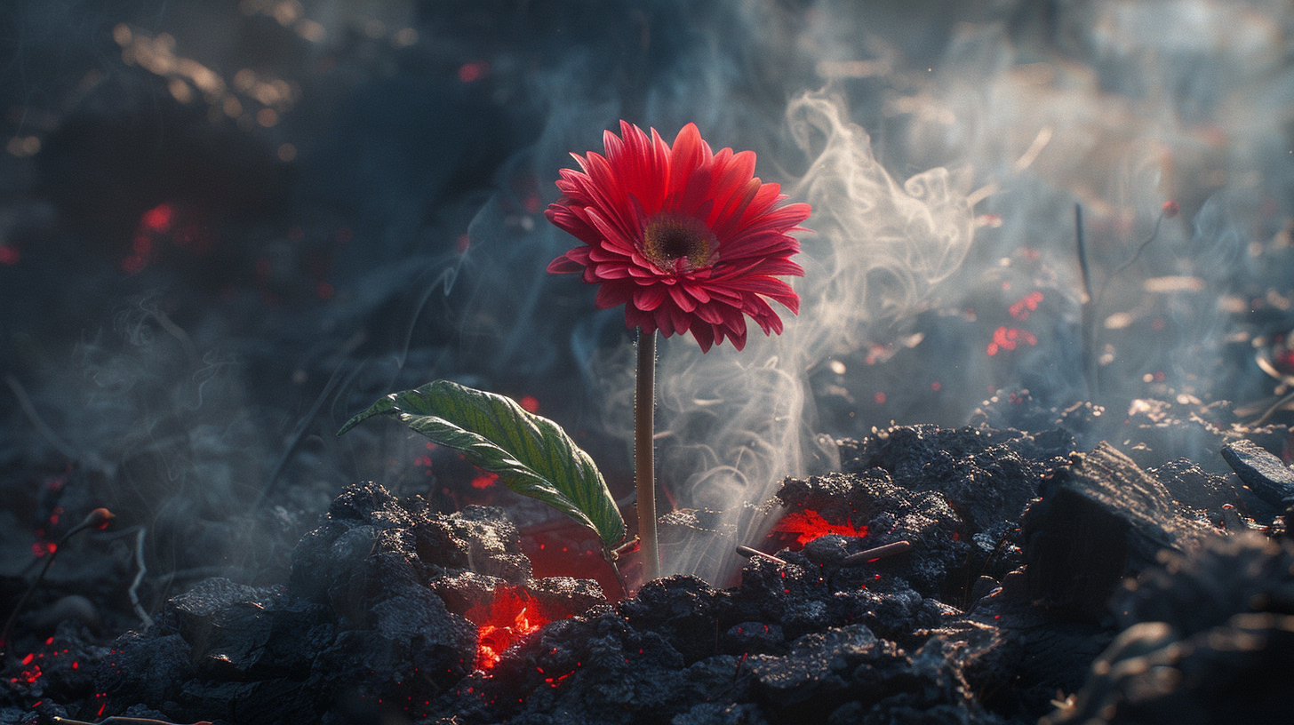 A Lonely, Beautiful Daisy in Smoky Debris Land.