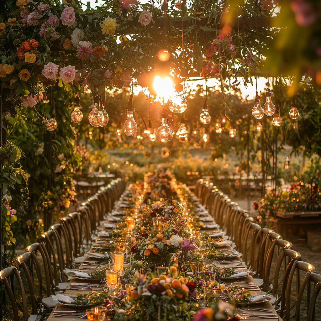 A Lovely Garden Party at Sunset with Flowers