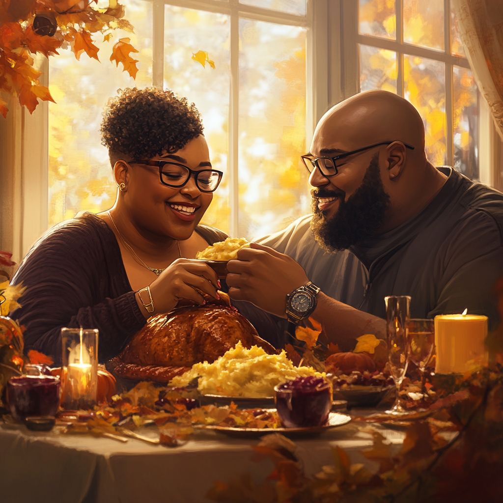 A Loving Thanksgiving Moment: African American Couple Feasting