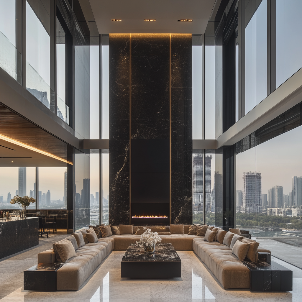 A Luxurious Living Room Overlooking Cityscape