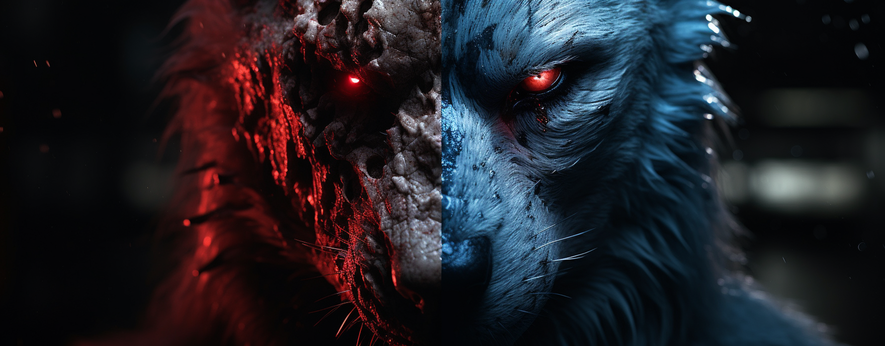 A Mad Wolf with Red and Blue Face