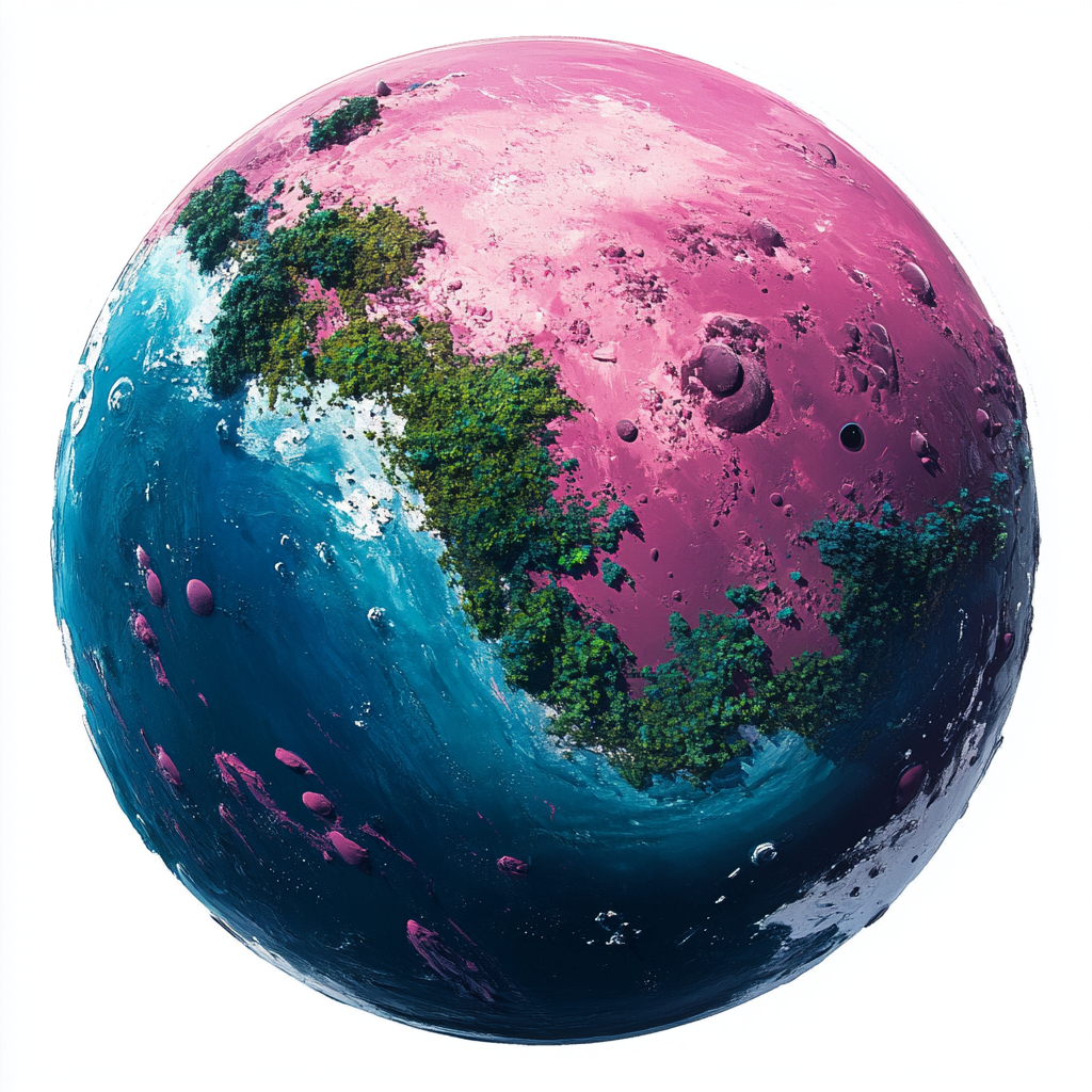 A Magenta Planet with Islands and Green Forests