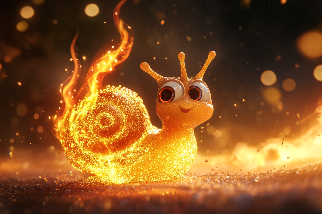 A Magical Flame Shell Snail in Pixar Style