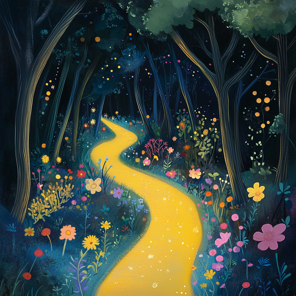 A Magical Glowing Path into a Cartoon Forest