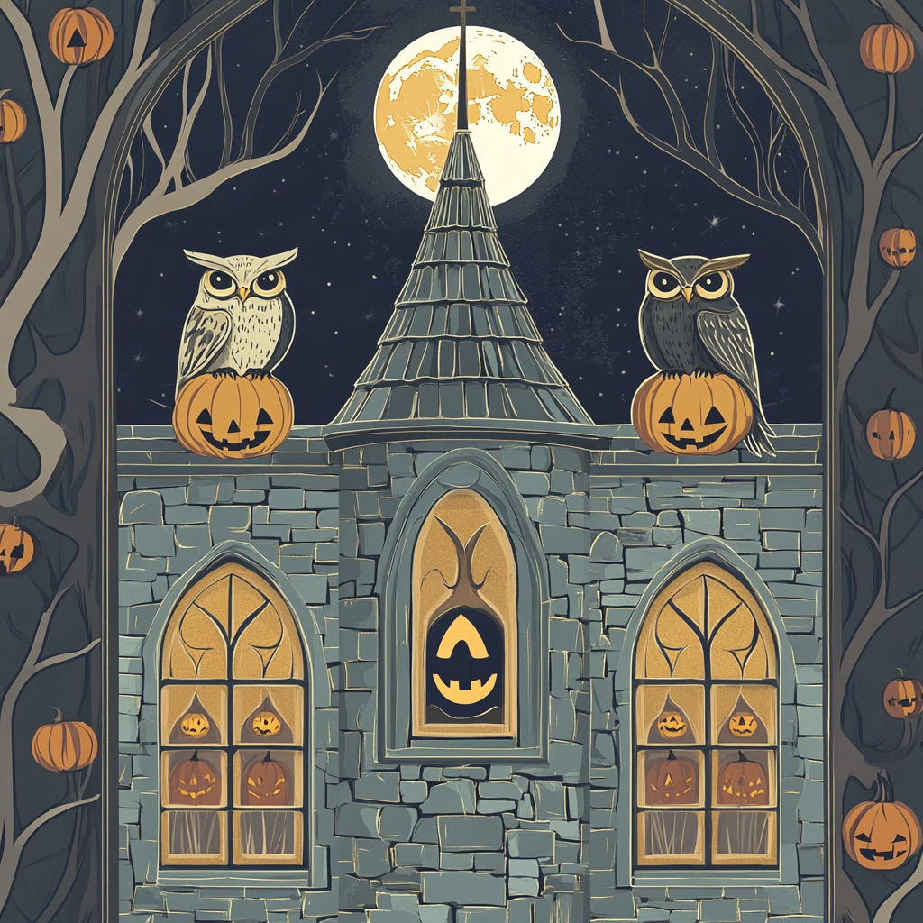 A Magical Owlery Tower With Smiling Pumpkins