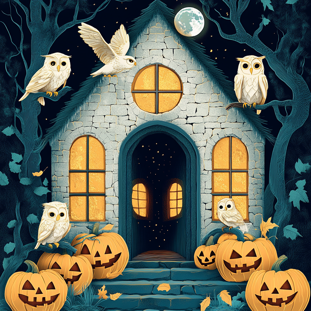 A Magical Owlery with Happy Pumpkins and Moon