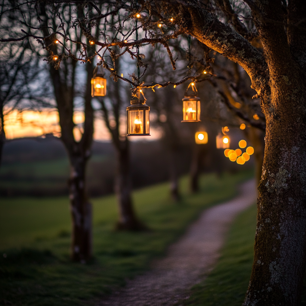 A Magical Sunrise Path with Lanterns and Pumpkins