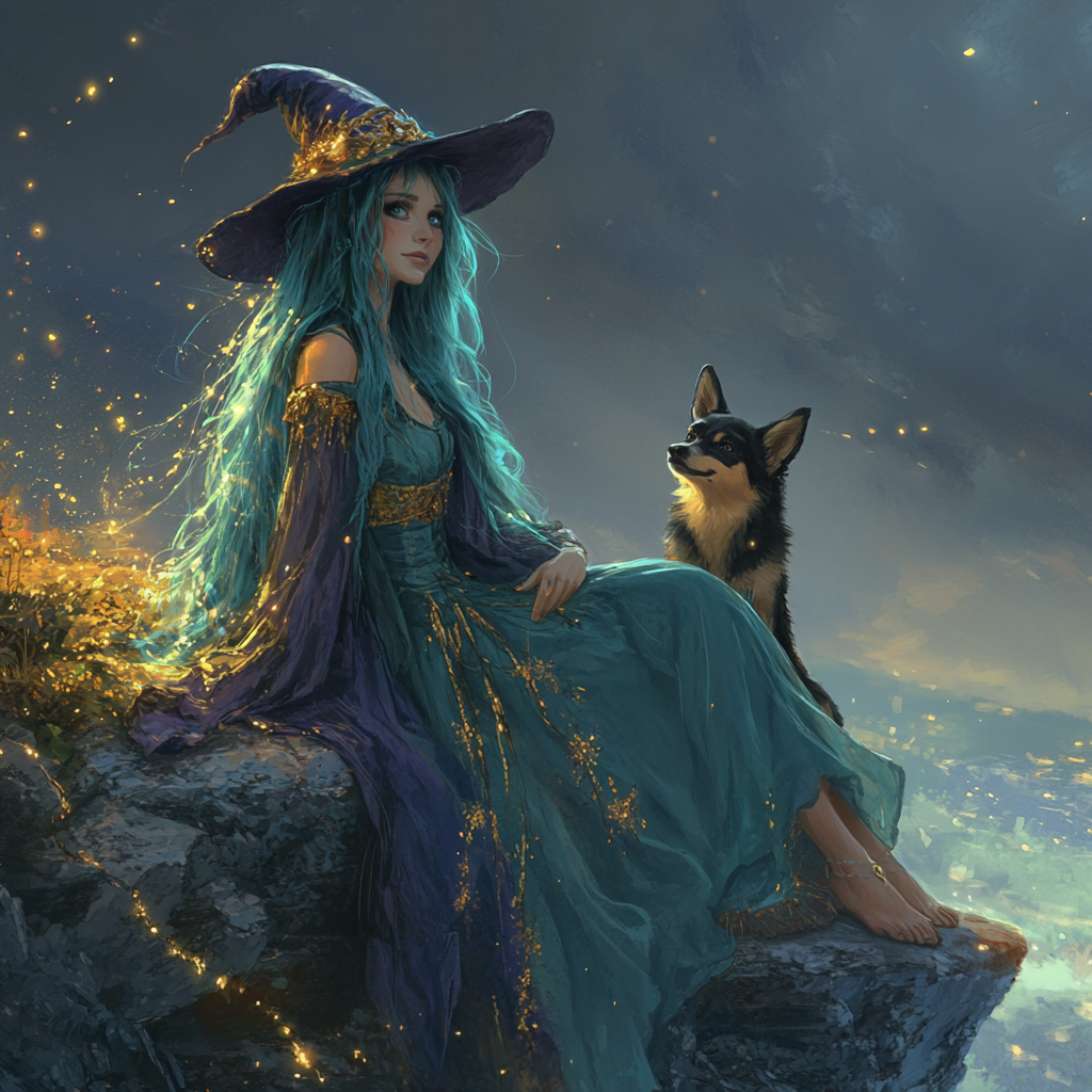 A Magical Witch and Her Dog at Night