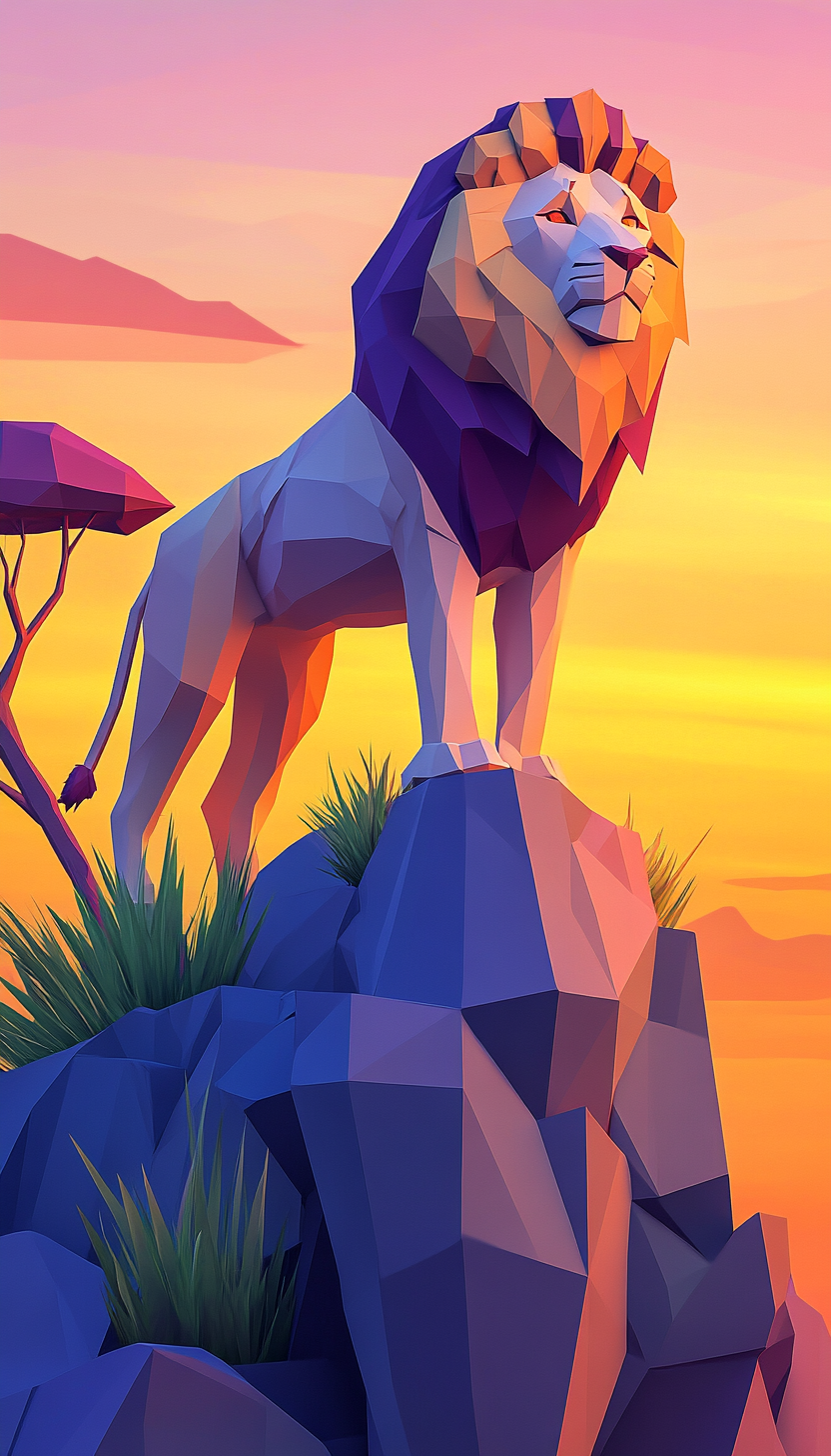 A Majestic Lion Stands on Cliff at Sunset.