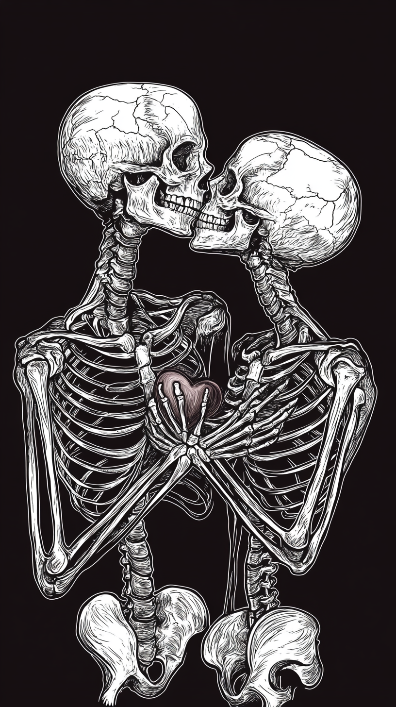 A Male and Female Skeleton Embracing on Black