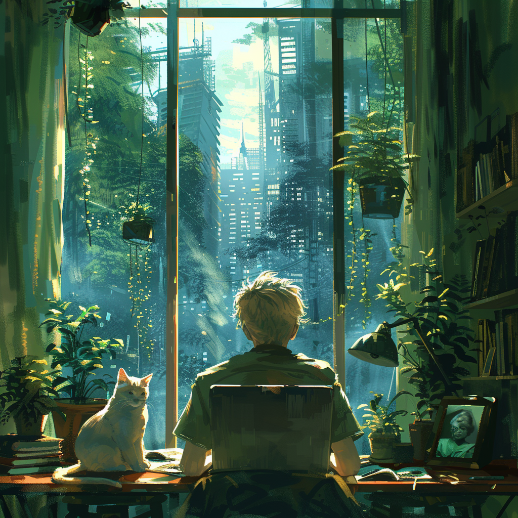 A Man, Cats, Forest Cityscape: Contemplative Cozy Workspace