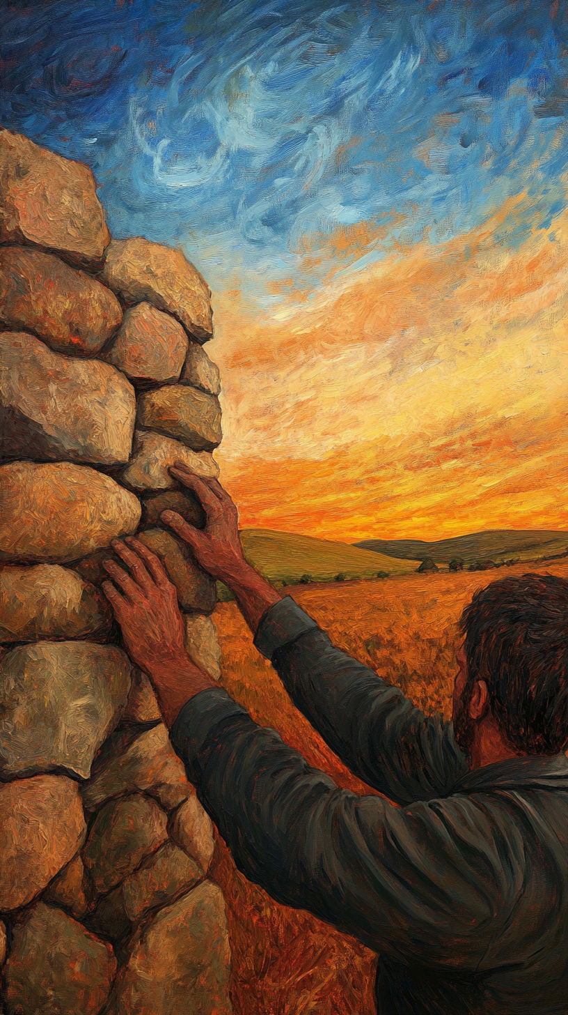 A Man Building a Stone Wall at Sunset