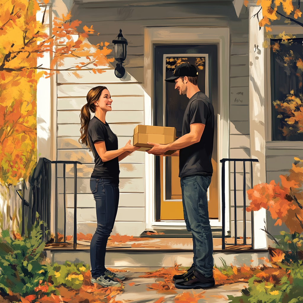 A Man Delivering a Package to a Woman