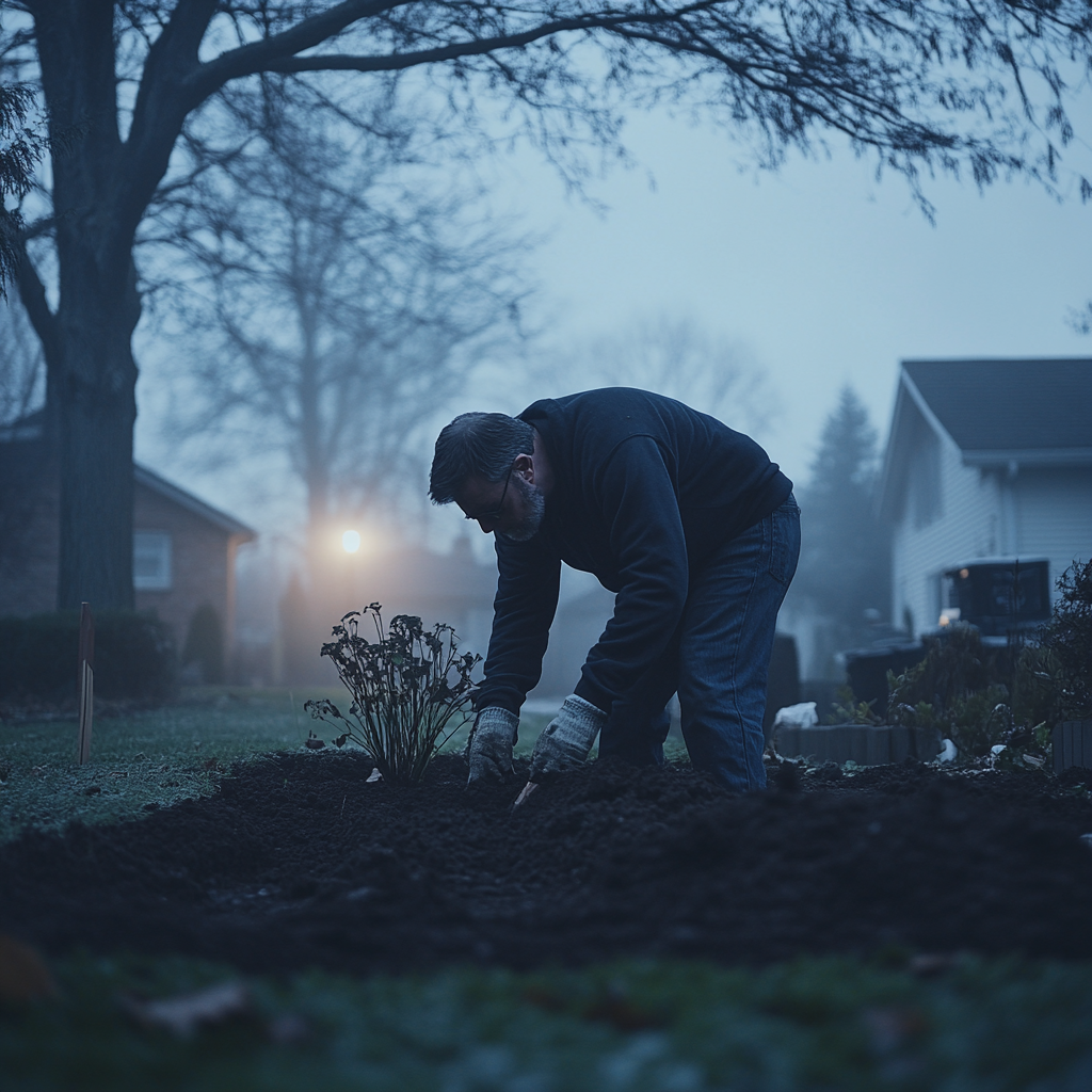 A Man Digging a Moody Grave at Dusk