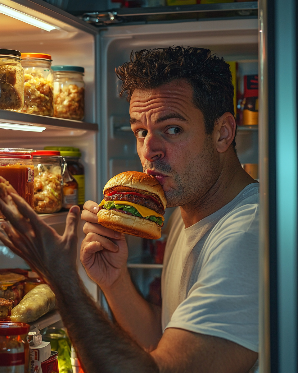 A Man Eating Burger with Mayonnaise in Hand