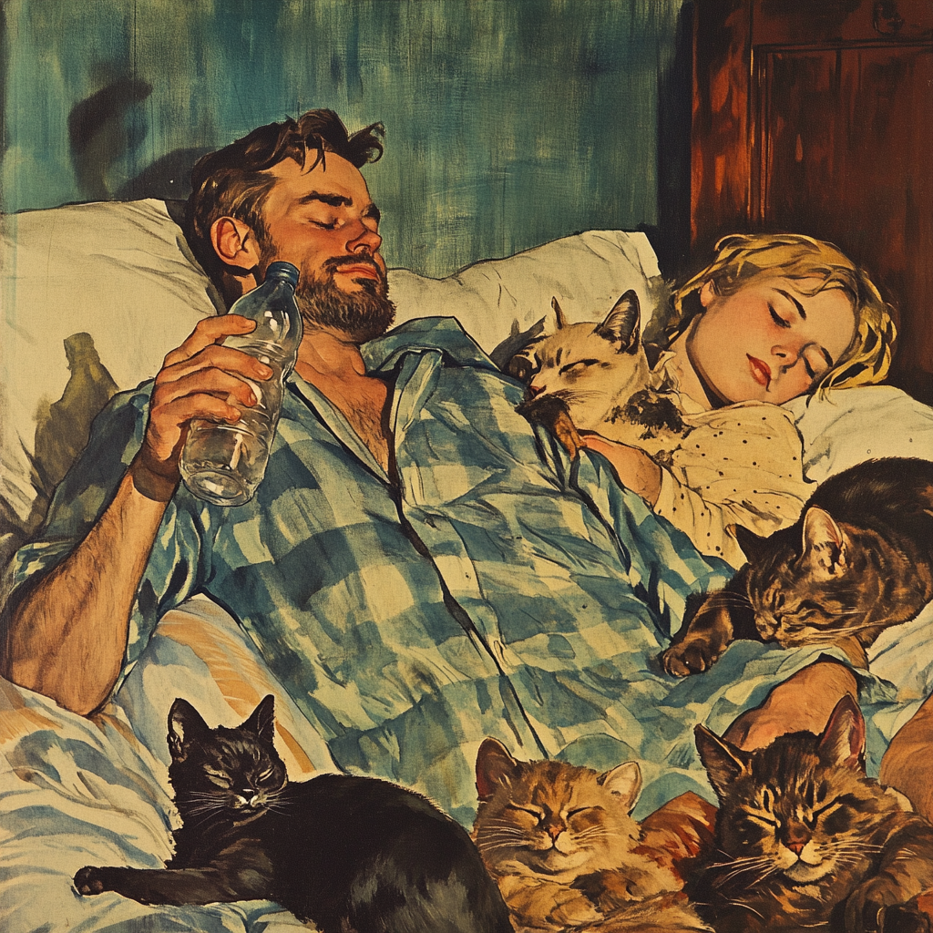 A Man Holding Bottle, Cats Sleeping in Bed