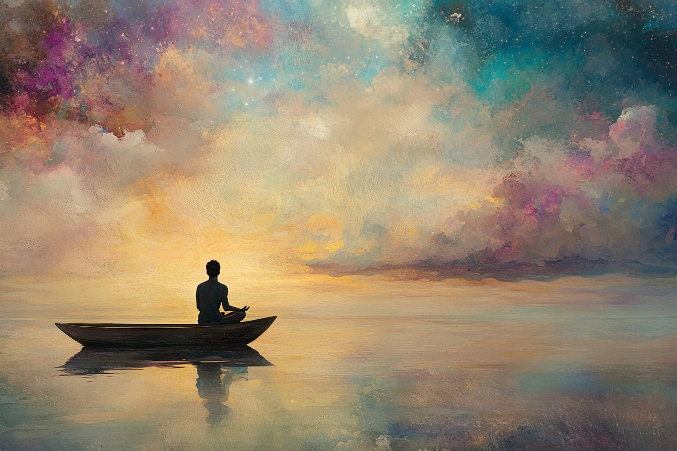 A Man Meditating on Boat in Dreamy Sea