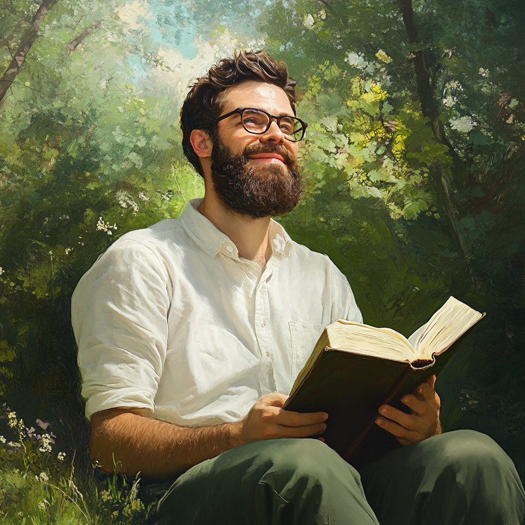 A Man Reading The Bible in Nature, Realistic.