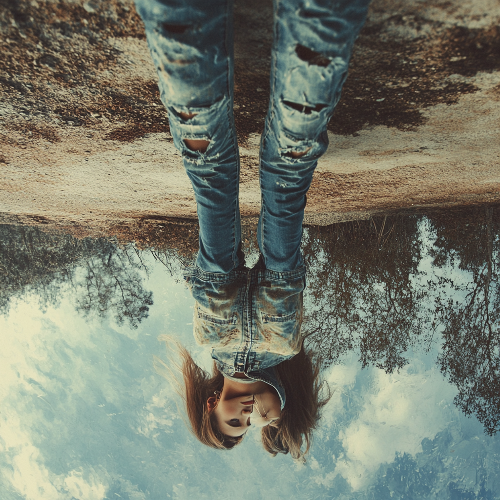 A Man Reflecting in Upside-Down Scenery Mirror