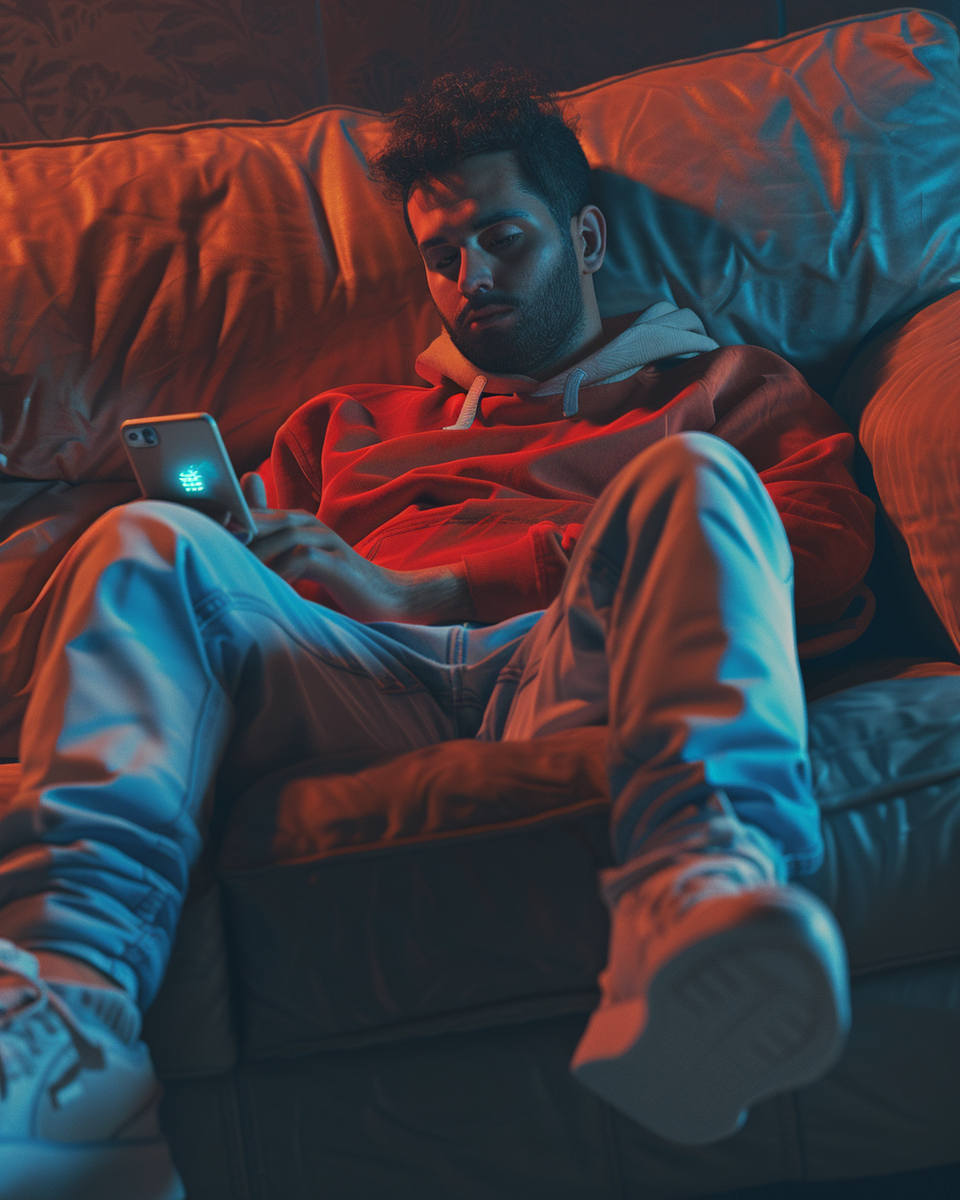 A Man Relaxing on Sofa, Phone in Hand