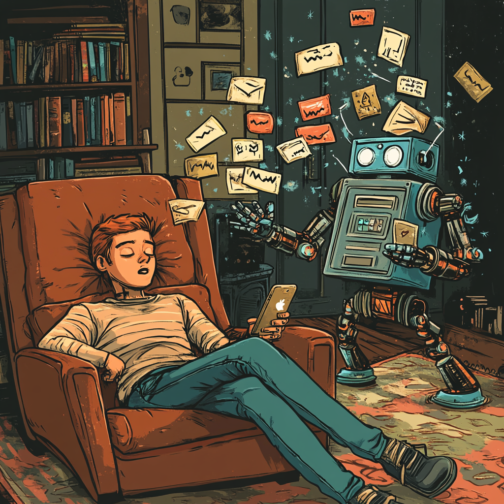 A Man Relaxing with a Phone-Wielding Robot