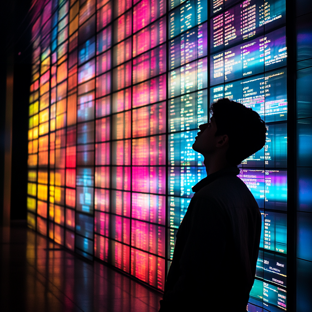 A Man Silhouetted Against Vibrant Departure Board